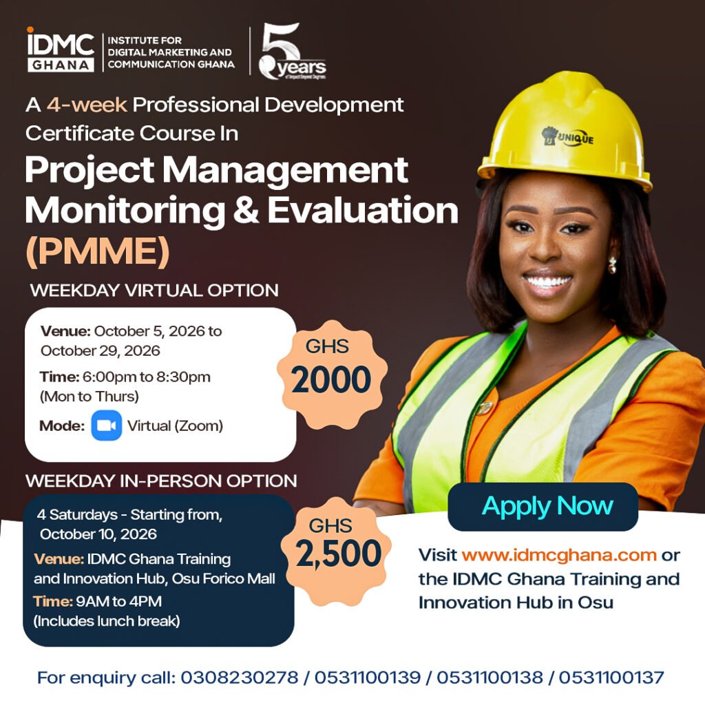 PROJECT MANAGEMENT IDMC GHANA BRITISH COUNCIL short courses in ghana Accra online courses- monitoring and evaluation course