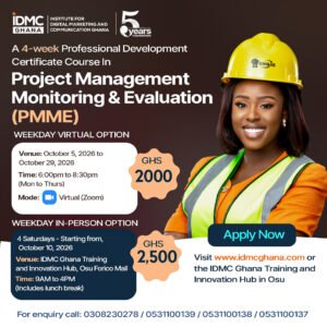 PROJECT MANAGEMENT IDMC GHANA BRITISH COUNCIL short courses in ghana Accra online courses- monitoring and evaluation course