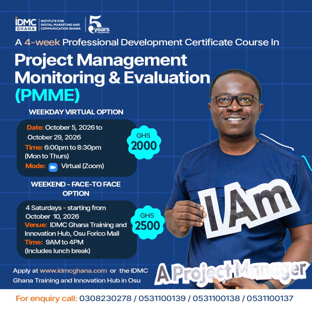 PROJECT MANAGEMENT IDMC GHANA BRITISH COUNCIL short courses in ghana Accra online courses- monitoring and evaluation course