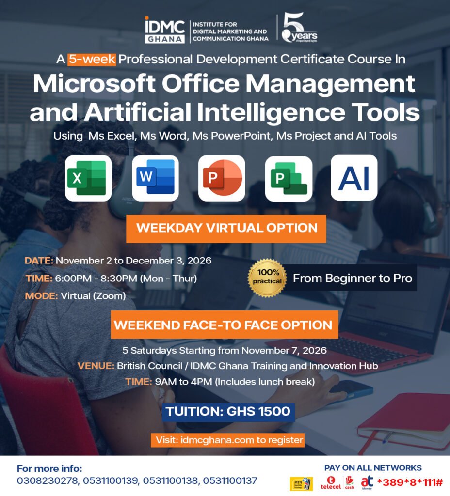Microsoft Office Management and Artificial Intelligence Tools -idmcghana short online certificate course in ghana, Accra