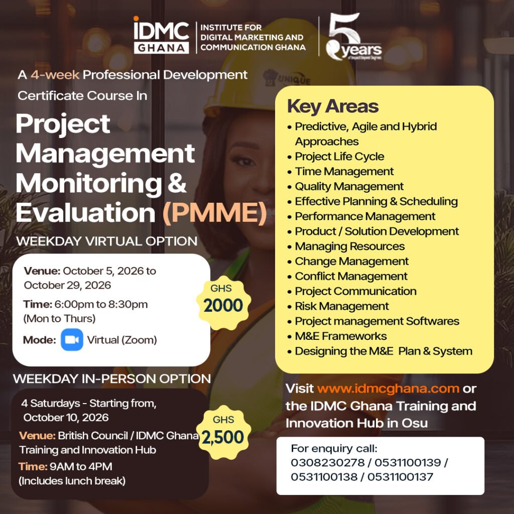 PROJECT MANAGEMENT IDMC GHANA BRITISH COUNCIL short courses in ghana Accra online courses- monitoring and evaluation course